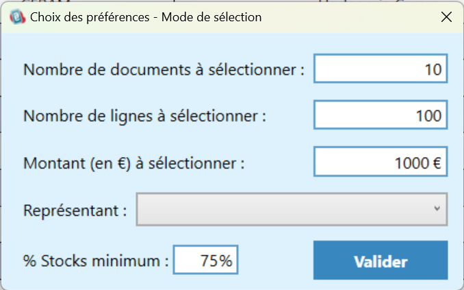 Choix des préférences pour le Logiciel EASYPREPA - ALTERNETIS - Transformation des BONS DE COMMANDES SAGE100c en PREPARATIONS DE LIVRAISONS - Paramètres modulables pour la sélection des documents