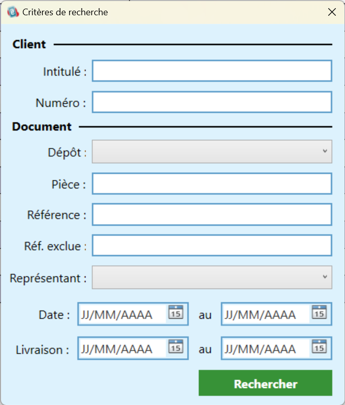 Critères de recherche du Logiciel EASYPREPA - ALTERNETIS - Transformation des BONS DE COMMANDES SAGE100c en PREPARATIONS DE LIVRAISONS - Recherche par intitulé ou numéro pour le client - Recherche par dépôt, pièce, référence, réf. exclue, représentant, date ou livraison pour le document