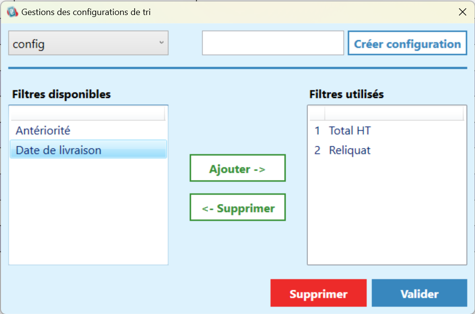 Gestion de configurations de tri du Logiciel EASYPREPA - ALTERNETIS - Transformation des BONS DE COMMANDES SAGE100c en PREPARATIONS DE LIVRAISONS - Créer plusieurs configurations et y appliquer des filtres personnalisés pour après trier selon des profils de configurations