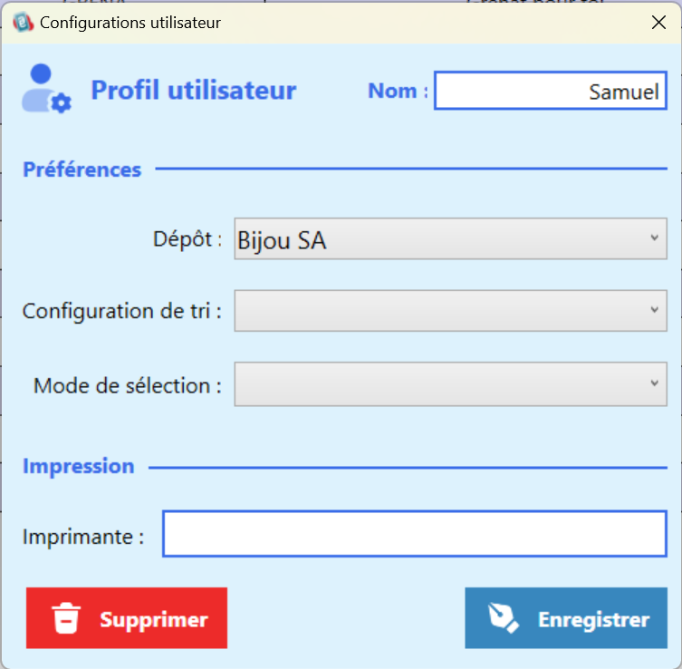 Profils utilisateurs sur le Logiciel EASYPREPA - ALTERNETIS - Transformation des BONS DE COMMANDES SAGE100c en PREPARATIONS DE LIVRAISONS - Créez différents profils et paramétrez des préférences ainsi que l'imprimante par défaut sur chacun des profils