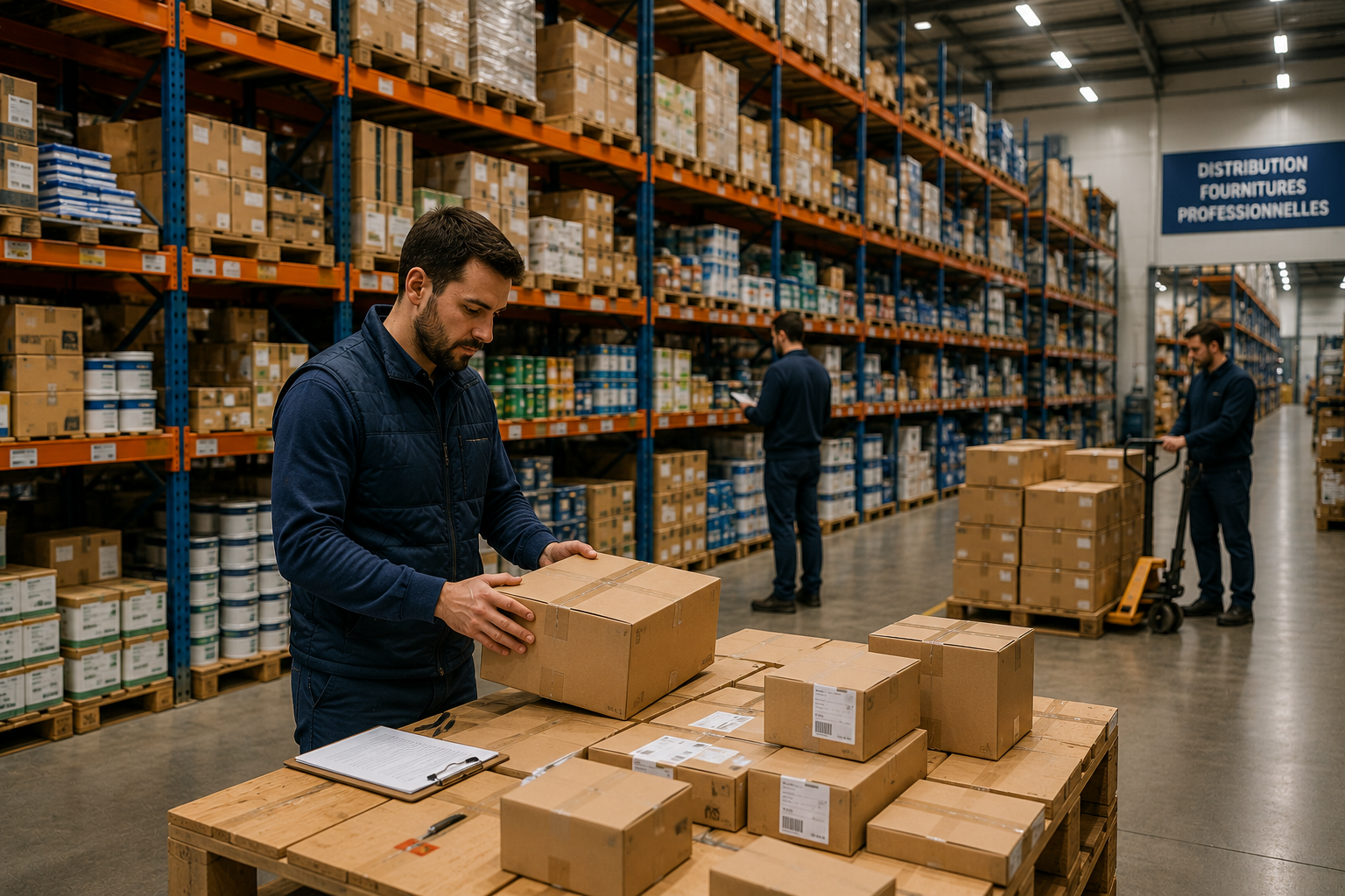 Équipe de négoce préparant des marchandises dans un entrepôt