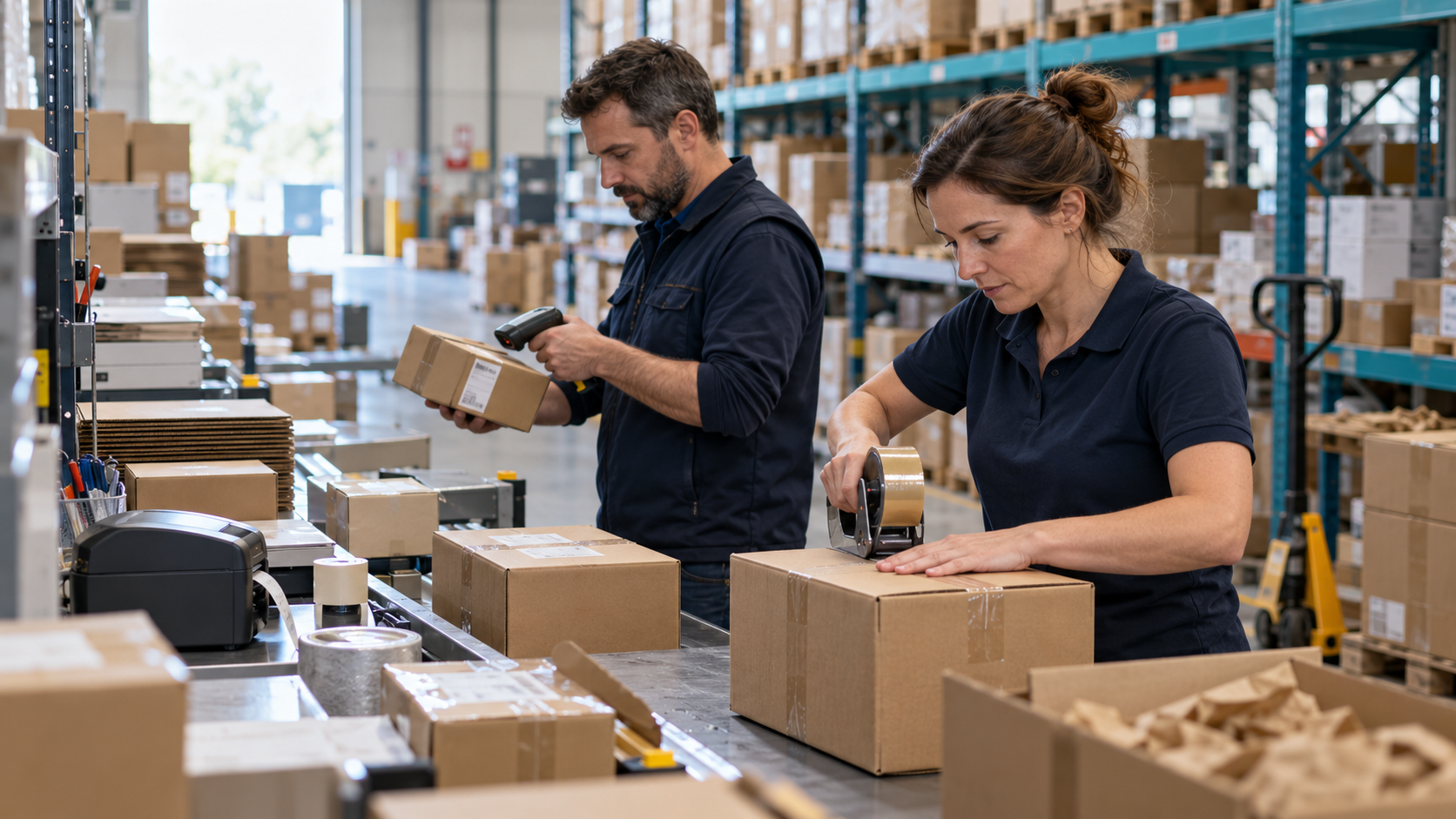 Illustration: a team controls and packages orders at the prep station