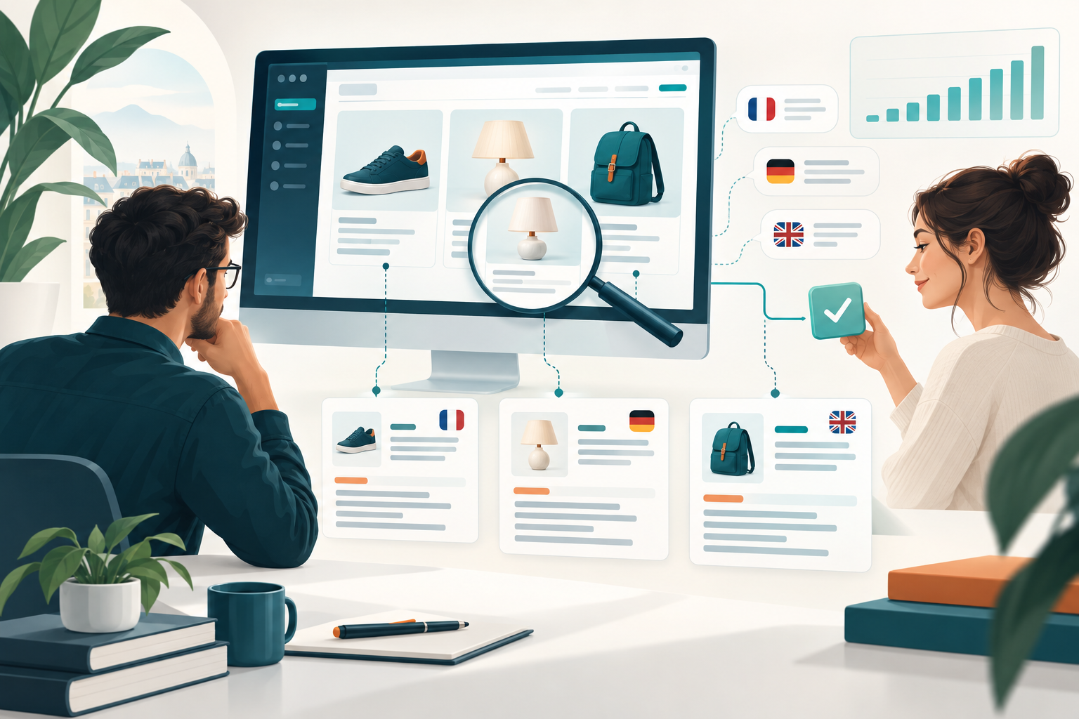 Illustration du travail sur un catalogue e-commerce : audit des fiches, préparation des contenus et validation.