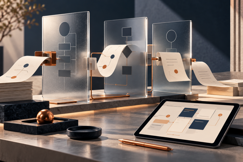 Illustration de panneaux de flux, documents et tablette pour cadrer un projet logiciel.